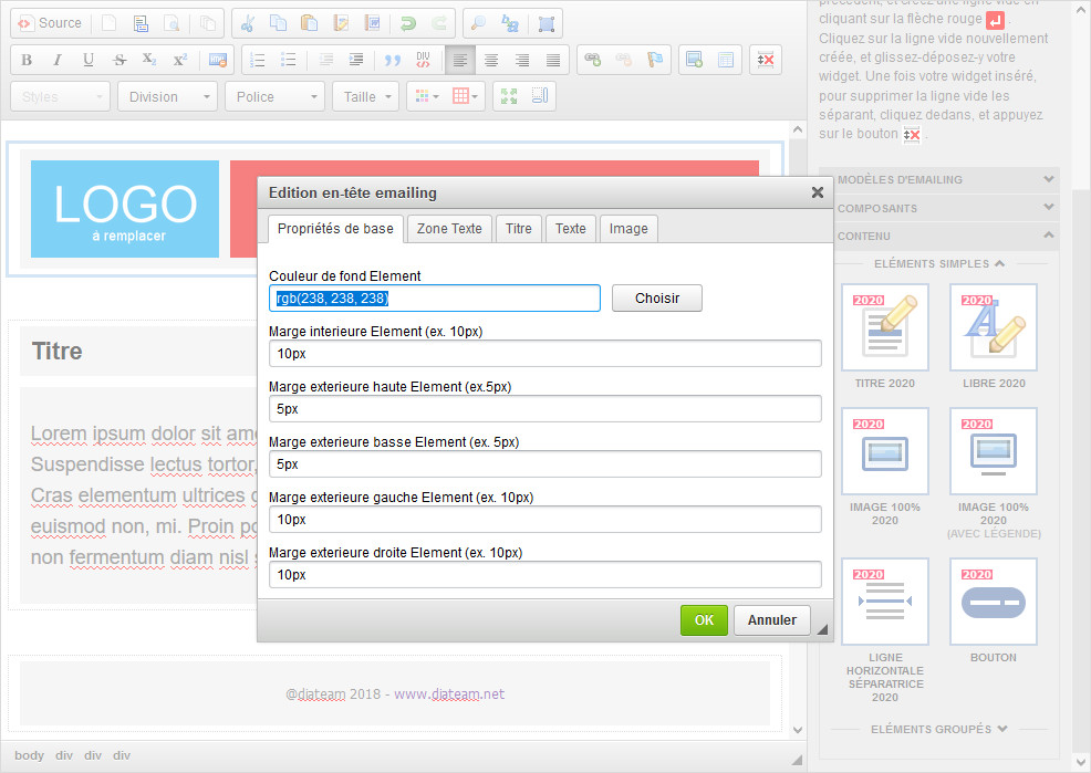 Options du composant entête